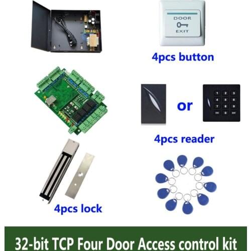 RFID 32-bit access control kit,TCP four door access control+powercase+280kg magnetic lock+ID reader+button+10 ID tag,sn:kit-T406