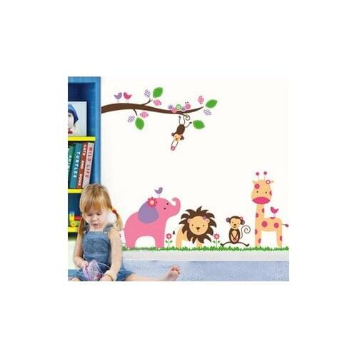 Jungle Animals Giraffe Lion Monkey Elephant Kids Room Wall Sticker Kids Nursery Baby Room Decor Finished Size 98*115cm