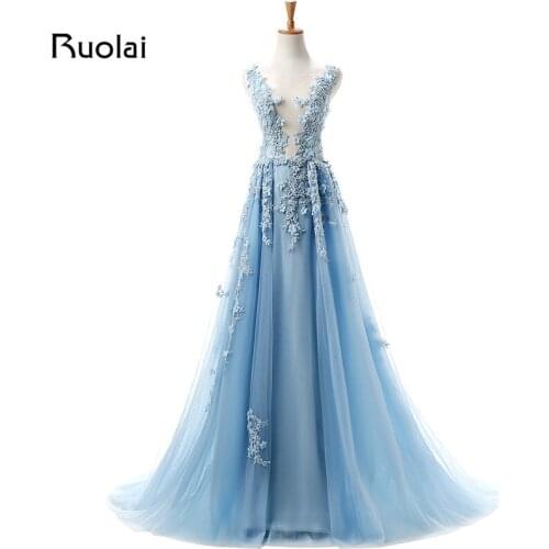 Real Photo Sexy Evening Dresses Scoop A-Line Tulle Appliques Sequined Beaded Bodice Sweep Train Evening Party Gowns ASAFN5