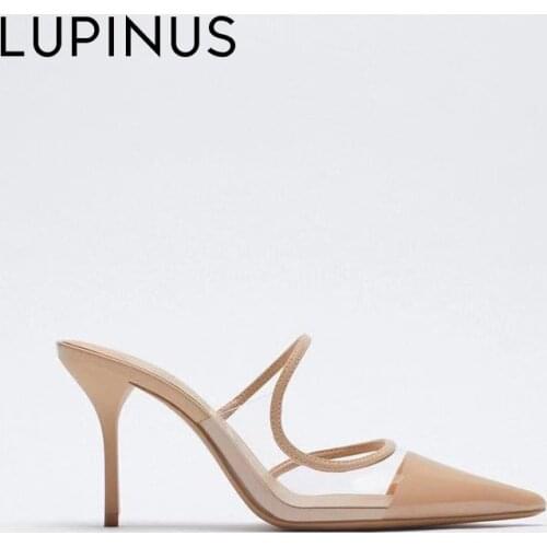 LUPINUS 2021 New Spring Nude Women High Heel Mules Fashion PVC Design Women Sandals Elegant Pointed Sexy Thin Heel Women Pumps