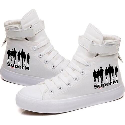 New Trend Cool Super M Printed Men Flat Shoes Canvas Casual Unisex High Top Lace up Student Shoe Size 35-44