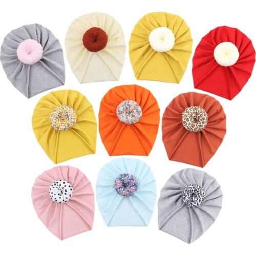 Solid Pure Cotton Baby Hats Flower Leopard Print Donuts Beanies Infant Bonnet Soft Fabric Headwraps Fashion Hair Accessories