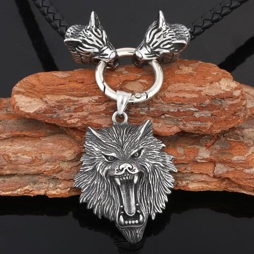 Mens New Style Vintage Stainless Steel Viking Fenrir Wolf Pendant Necklace Black Rope Chain Necklace Amulet Gift