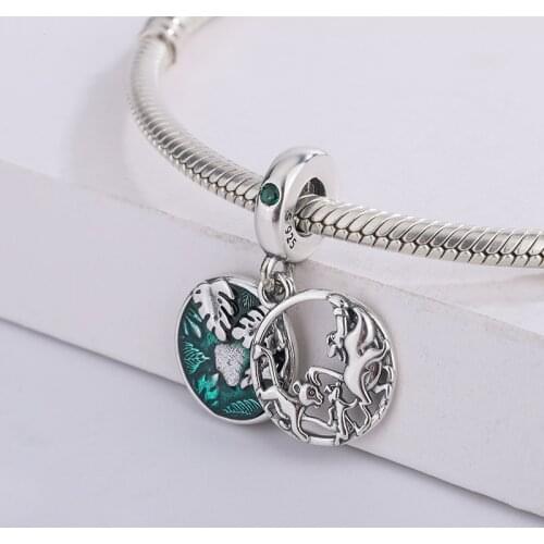 925 Sterling Silver Timon & Pumbaa Dangle Charm Lion Shape Animal Green Enamel Charm For Snake Chain Bracelet DIY Jewelry Making