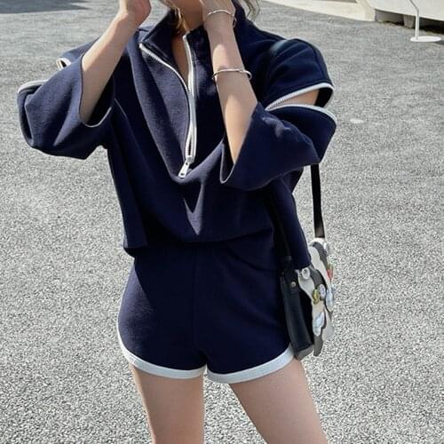 Casual Solid Two Piece Set For Women Stand Collar Three Quarter Sleeve Top High Waist Shorts Sporty Sets Female New