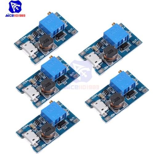 5PCS MT3608 DC-DC 2-24V to 5-28V 6V 12V 24V 2A Boost Step Up Converter Module Micro USB Interface Adjustable 3296 Potentiometer