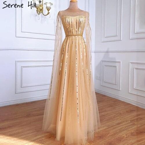 Luxury Gold Beading A-Line Cape Sleeves Evening Dresses For Woman Party 2021 Fromal Gown Elegant BLA70933 Serene Hill