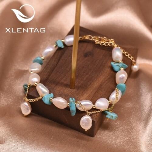 Xlentag Original Design Handmade Natural Freshwater Pearl Turquoise Adjustable Charm Bracelet For Women Femme Jewelry GB0920