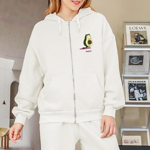 Kawaii Avocado Print Hoodie for Women Cotton Sweatshirt 90s Aesthetic Oversized Zip Up Plus Size Baggy Streetwear with Pocket