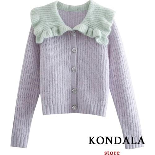 KONDALA Womens Sweaters Za Fashion 2021 Violet Knitted Woolen Ruffled Collar Cardigans Long Sleeve Crystal Button Girls Outwear