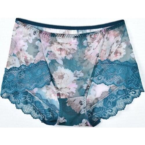 Women sexy Lace printing midwaist Lingerie seamless Underwear antibacterial briefs transparent mesh Panties Female green110KG