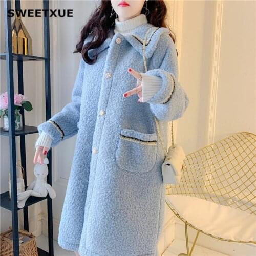 SWEETXUE Women Lamb Woolen Mid-length Coat 2020 Winter Female Wool Fur Jackets Long Sleeve Casual Warm Outerwear