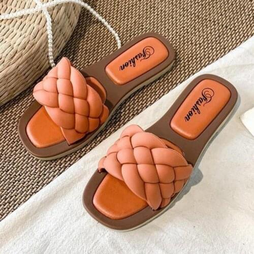 2021 Woven Slippers Women Slip On Slides Fashion Brand Square Toe Ytmtloy Leather Flat Sandals Female Outdoor Casual Flip Flops