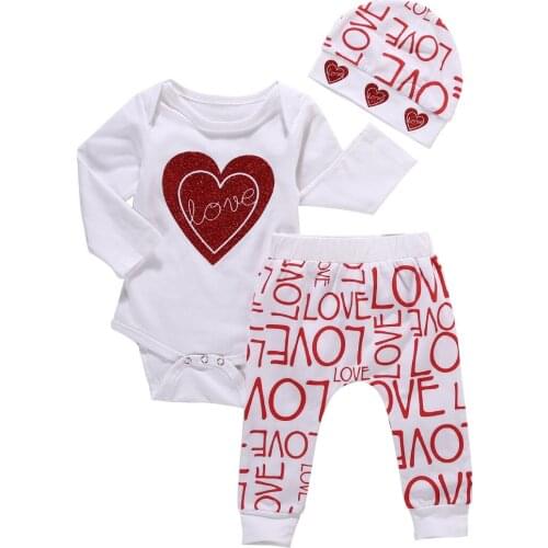 XMAS Newborn Toddler Baby Girl Clothing Set Love Print Romper Pants Cotton Cute 3pcs Baby Girls Clothes Outfits Set 0-18M
