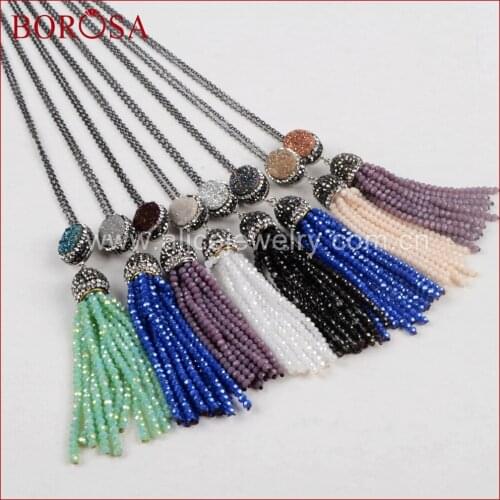 BOROSA 4pcs Drusy Tassel Necklace Natural Titanium Druzy Pendant Necklace for Women Tassel Beads Necklace Link Chain JAB626