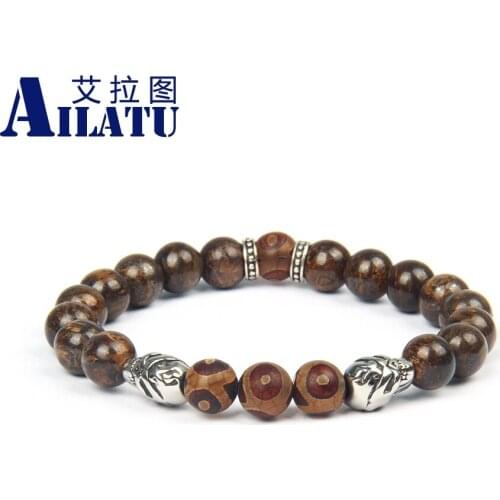 Ailatu New Stainless Steel Double Skull Bracelets with 8mm Natural Bronzite Stone Beads High Grade Mens Gift