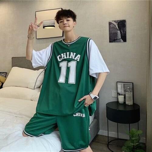 Summer Fake Two Basketball Sportswear Shorts Two-piece Short Sleeve Sportswear Green White Black Student Basketball Uniform Set