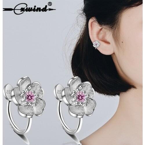 Cxwind Fashion CZ Cherry Blossom Clip Earrings For Women Zirconia Crystal Floral Clip-on Earrings No Hole for Girl Wedding