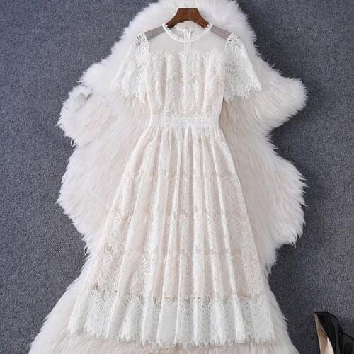 Designer Fashion Summer Dress Women Mesh Patchwork Lace High Quality Elegant Ladies Short Sleeve White Dresses