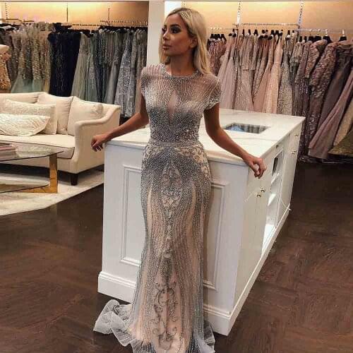 Dlass 2021 Luxury Rhinestones Nude Mermaid Evening Dress Long Evening Pageant Dresses Formal Gown robe de soiree