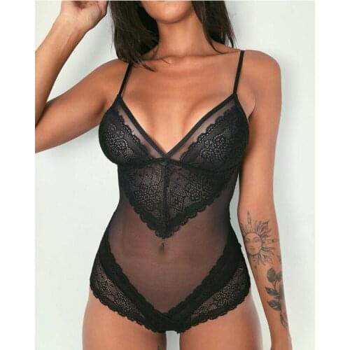 Women Sexy See-Through Deep V-Neck Sleeveless Nightwear Womens Lace Ruffles Bodysuits Lingerie Babydoll Sleepwear Underwear
