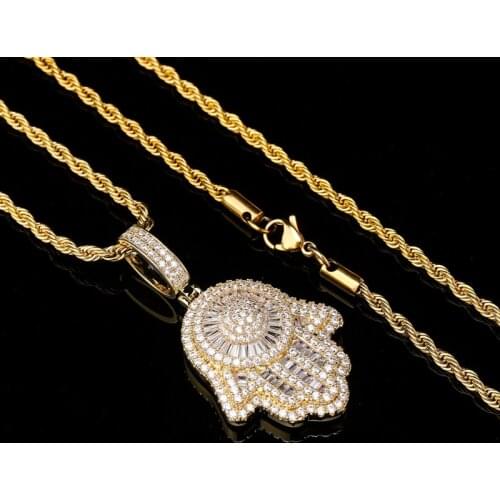 DNSCHIC Vintage Fatima Hand Amulet Pendant Full Zircon Hip Hop Personality Necklace Jewelry for Men and Women Hip Hop Pendant
