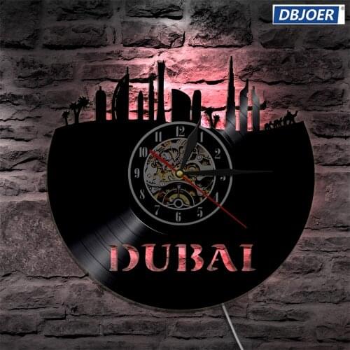 DUBAI City LED Vinyl Clock Lighting Color Change Wall Light Remote Controller Modern Backlight Cool Living Room Interior