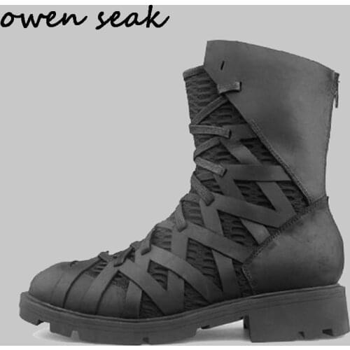 Owen Seak Men Shoes High Ankle Luxury Trainers Genuine Leather Zip Riding Winter Snow Boots Casual Lace Up Flats Black Sneakers