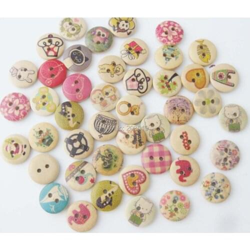 WBNLEV Printed 15mm round wood button mixed designs randomly 150pcs nature wood buttons children clothes sewing accessory