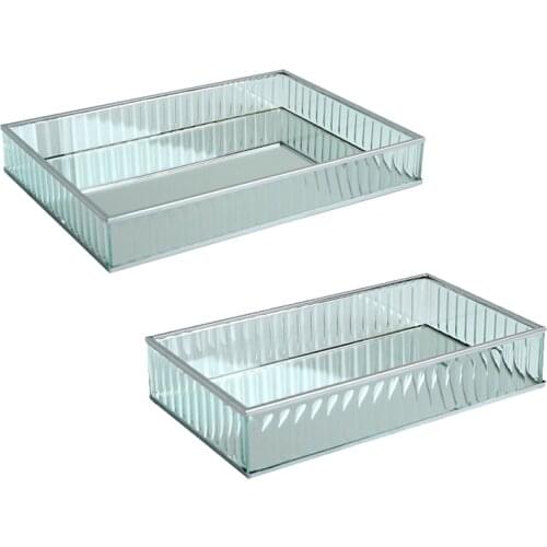 Multifunction Glass Mirror Tray Silver Metal Edge Red Wine Plate Decorating Storage Tray Cake Tools Home Decoration