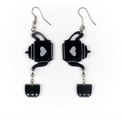 Fashion Black Heart Teapot and Cup Acrylic Earrings For Women Girls Cartoon Alice in Wonderland Drop Earrings Jewelry