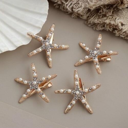 Fashion Rhinestone Pearl Starfish Hairpin Barrettes For Women Girls Hair Clips Bridal Headpiece Summer Beach Hair Styling Tool