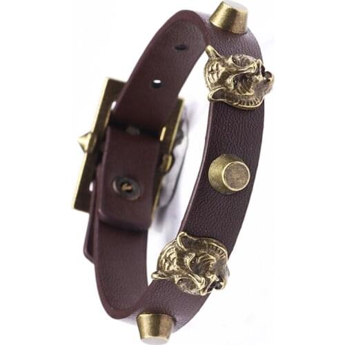 Men Antique Bronze Tiger Head Bracelets Punk Animal Leather Bracelet Adjustable Alloy Leathers Male Jewelry Accessories