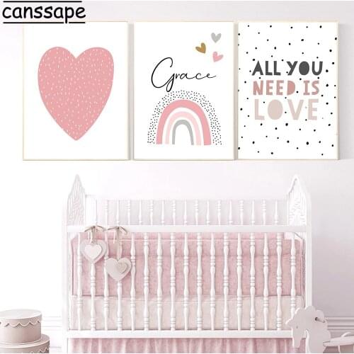 Nordic Wall Art Print Custom Name Poster Rainbow Painting Heart Posters Canvas Paintings Nursery Wall Pictures Kids Home Decor