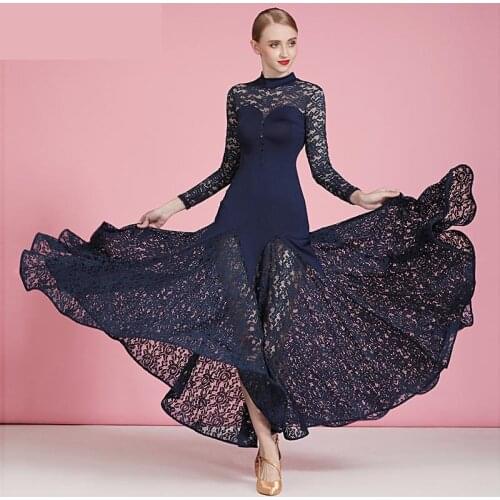 New 2020 Navy Blue Ballroom Dance Dresses Women Waltz Dress Sexy Mesh Standard Ballroom Dress Foxtrot Costumes Rumba Long Dress