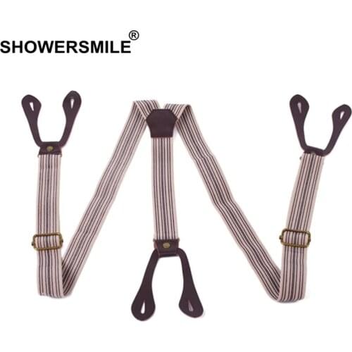 SHOWERSMILE Button Suspenders Men Braces Striped Coffee Y Back Adjustable Male Female Suspenders British Vintage Trousers Strap