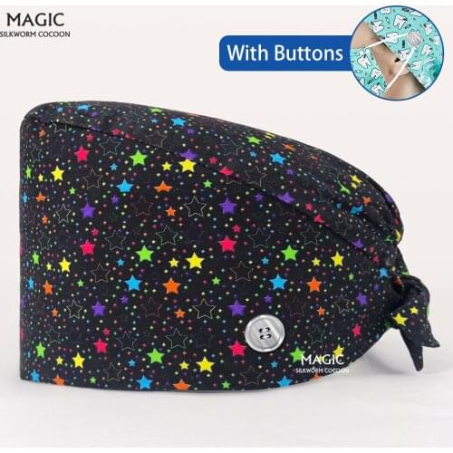 Cartoon Tooth Printing Caps Pet Club Dustproof Work Hats Men and Women Beautician Working Caps Scrubs Caps with Sweat-absorbent