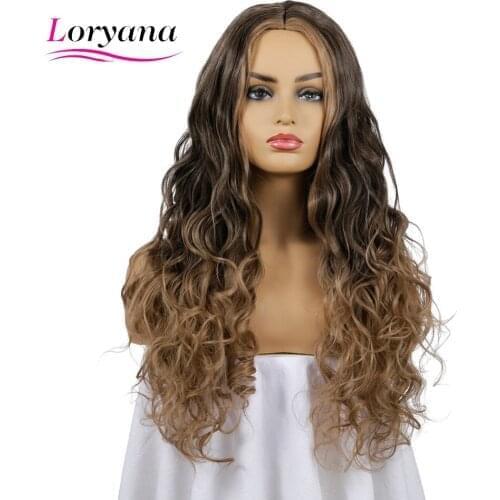 Loryana Synthetic Hair Long Womens Wigs Ombre Black Brown Wigs Heat Resistant Part Side Synthetic Wavy Wigs for Women