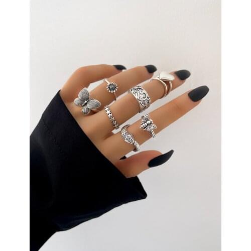 Stillgirl 7Pcs Punk Silver Color Heart Rings for Women Hip Hop Vintage Butterfly Snake Animal Set Couple EMO ZA Fashion Jewelry