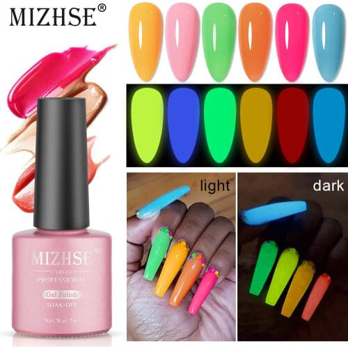 MIZHSE 7ML Luminous Gel Nail Polish Glow In Dark Gel Neon UV LED Semi Permanent enamel Soak Off Gel Varnish Hybrid for Nail Art