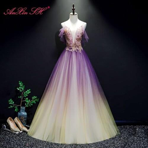 AXJFU vintage princess purple lace ruffles illusion evening dress luxury spaghetti strap beading crystal violet evening dress