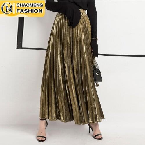 New Arrival Women Elegant Satin Pleated Autumn Winter Fashion Party Office Solid Color High Waist Muslim Long Chic Maxi Skirt