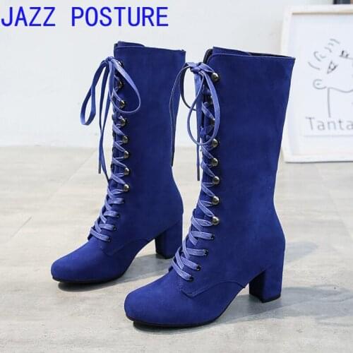 Size 43 women shoes ladies mid-calf boots suede cross-lace boots high heels color black blue dark brown large size shoes w326