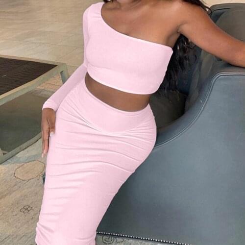 Autumn Fashion 2 Piece Set Women 2021 Simple Style Solid One Shoulder Short T-shirt+Midi Skirt Elegant Bodycon Female Street Set