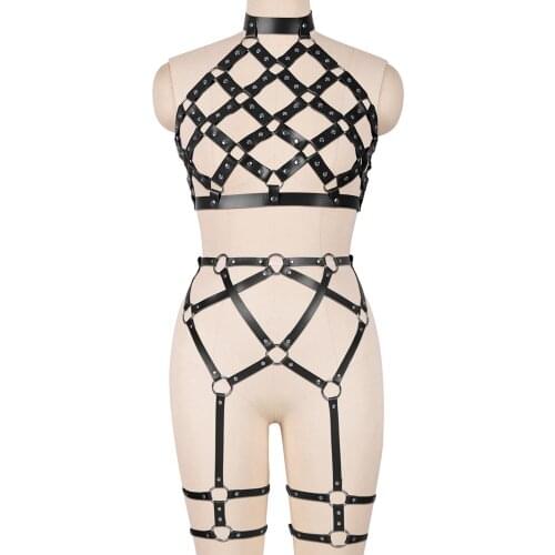 Pole Dance Rave Sexy Lingerie Full Body Harness For Women Punk Accessories Leather Erotic Fetish Lingerie Set Fashion Garters