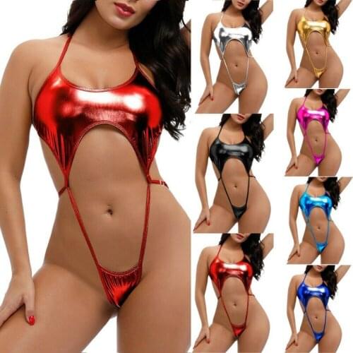Women Metallic Shiny One Piece Bikini Leotard Thong Back Microkini Teddy Sexy Pole Dance Wear