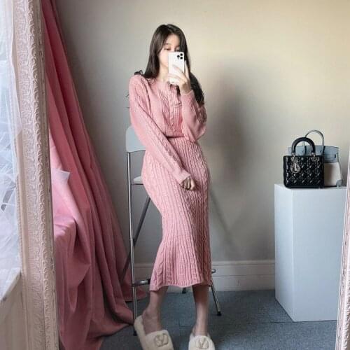 Autumn Winter Casual Two Pieces Set Women Long Sleeve Pullover Sweater Coats & Hemp Pattern Solid Knitted Slim Skirts Suits