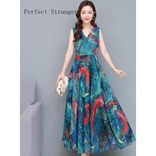 2021 Summer New Arrival Hot Sale V Collar Collect Waist Flower Printed Sleeveless Women Long Chiffon Dress