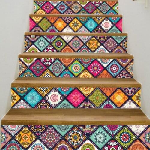 6Pcs Mandala Tile Floor Stair Stickers Bathroom Kitchen Decoration Mural Decals