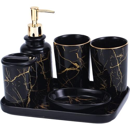 Black Marble Bathroom Decoration Accessories Toothpaste Dispenser, Mouthwash Cup, Toothbrush Holder, Lotion Bottle, Ceramic Tray